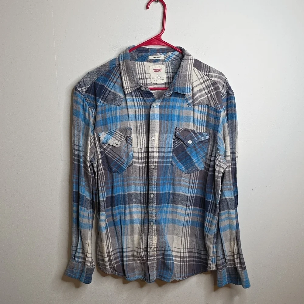 Levi's Men's Blue Plaid Pearlsnap Shirt Sz  XL